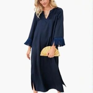 NEW Tuckernuck XXS Jamie Midi Dress Navy Blue Satin Fringe Formal Classy Boho